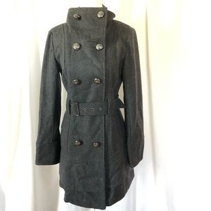 Guess Wool Military Style Belted Ruffle Back Grey